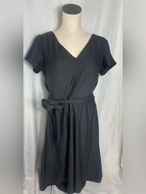 Loft business casual Black Gray Striped Sheath Dress Tie Waist NWT 12